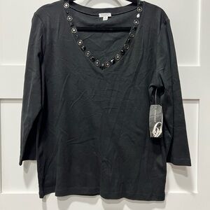 Nine West Black Long Sleeve Top with Embellished V-Neck